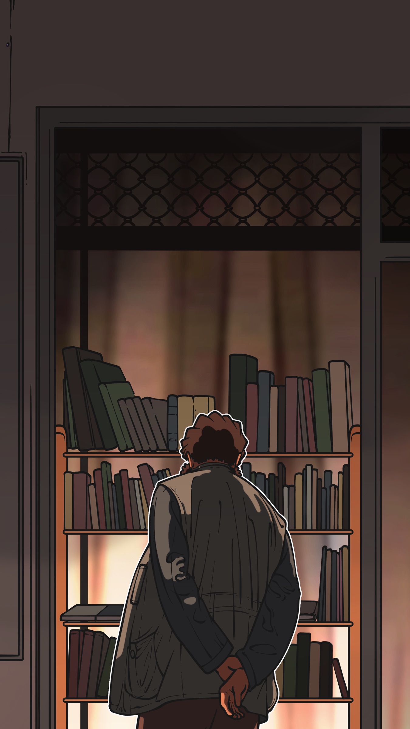 A warmly lit bookstore with a reader browsing tall shelves